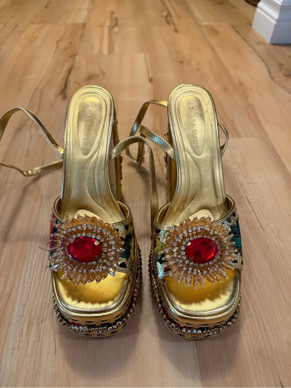 Gold Platform Slingback Heels with Red Gem Accents - Picture 5 of 6